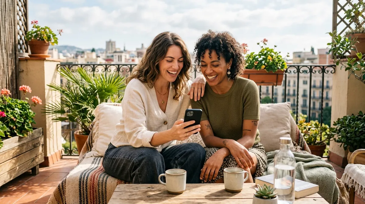 Two partners talking on a sunlit balcony