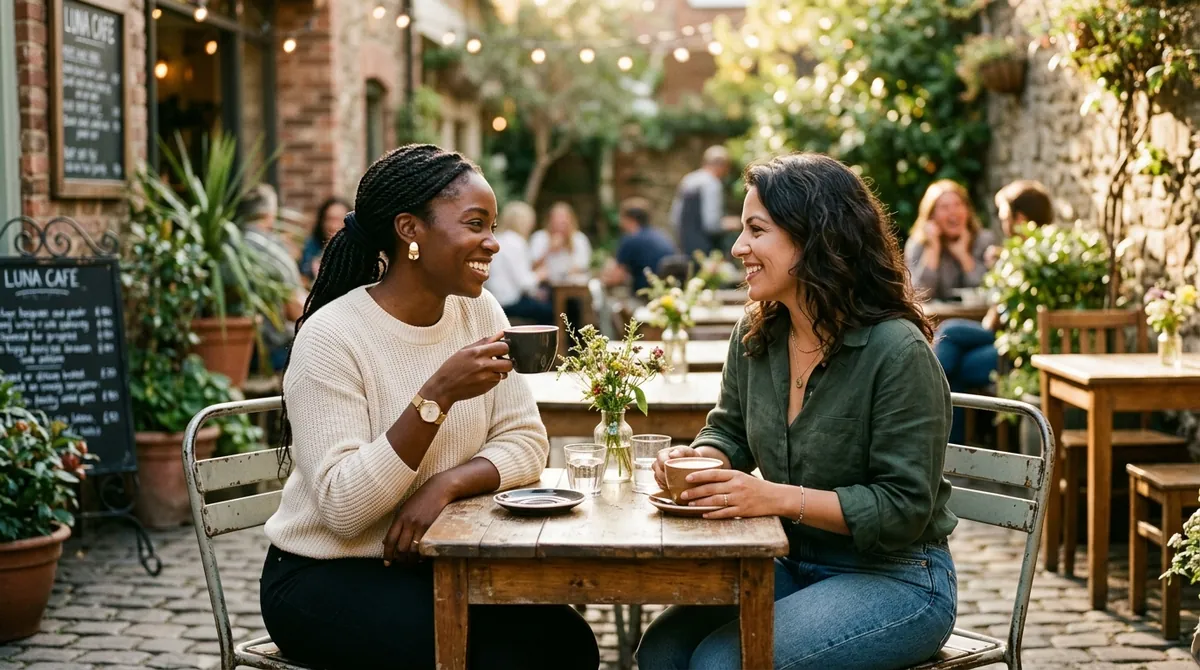 LGBTQ+ couple having a relaxed conversation over coffee