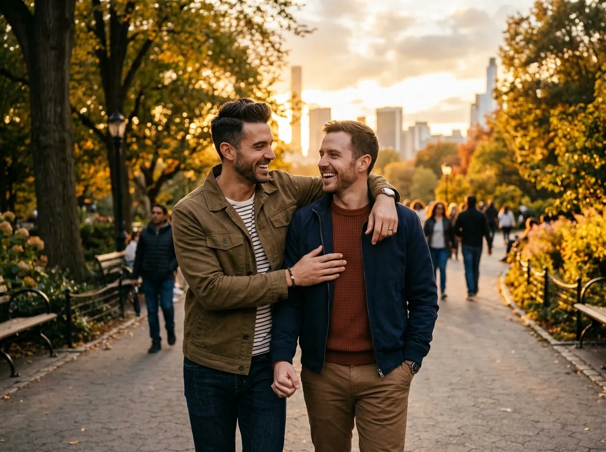 Two handsome gay men smiling together in a park stroll
