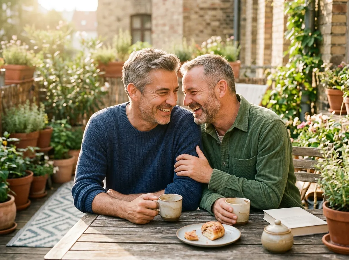 A mature queer couple enjoying coffee on an outdoor terrace